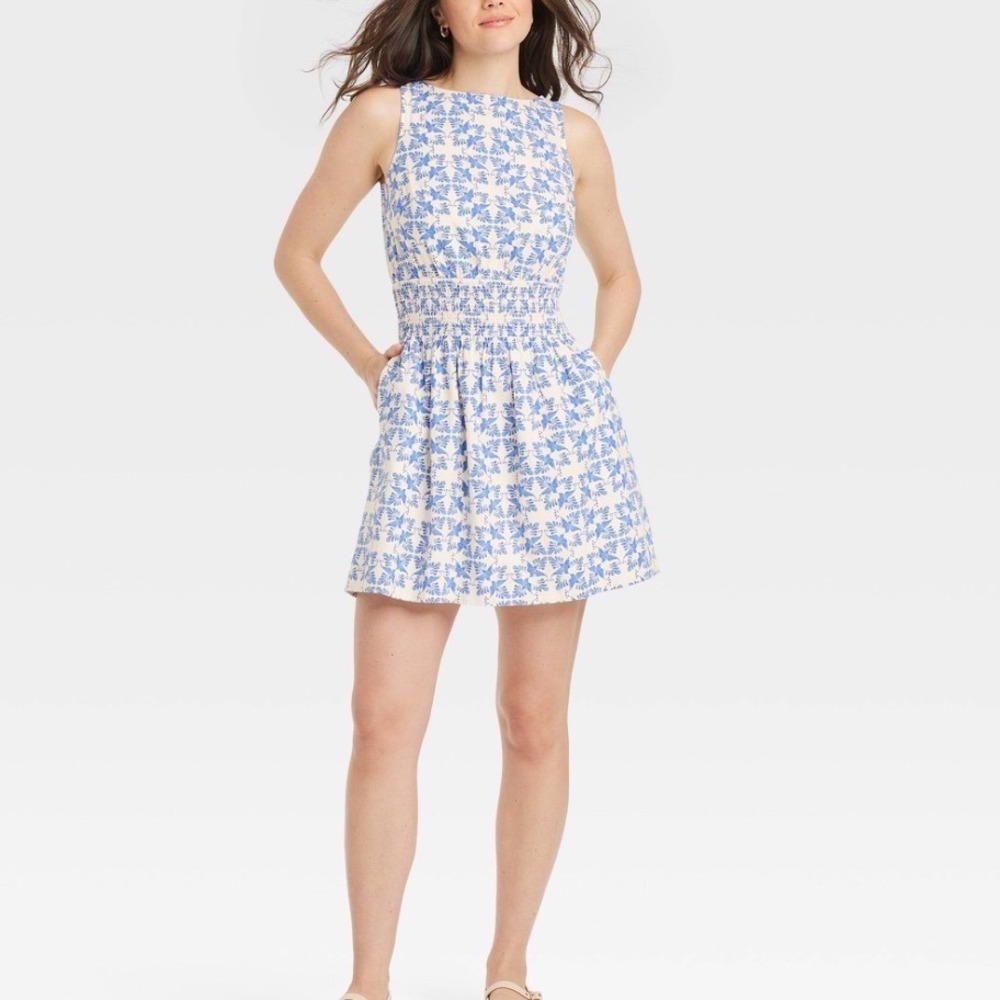 Universal Thread Bird Ikat Print Mini Sundress Ivory Blue Medium - Picture 13 of 13